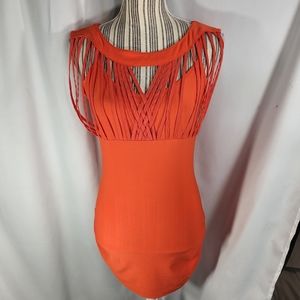 Dots Orange Bird Cage Front Ruched Sides Sleeveless Top Size Medium